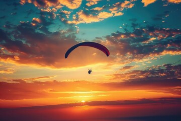 Poster - A person is flying a kite in the sky at sunset, with a beautiful orange and pink sky in the background
