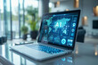 © Ravil Sayfullin - A modern laptop with a glowing AI text on its screen, is on a clean, white desk in a minimalistic office space