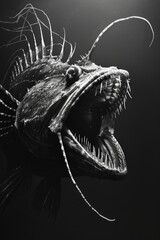 Poster - A close-up shot of a fish with its mouth open, in black and white