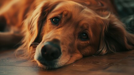 Wall Mural - A close-up photo of a dog relaxing on a wooden floor