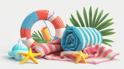 Poster - A towel with starfish and life preserver on a sunny beach