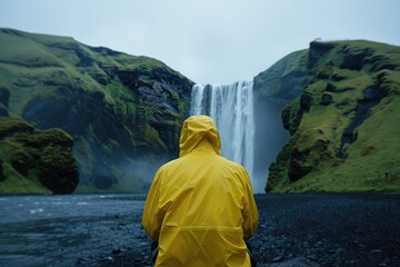 Wall Mural - A person wearing a bright yellow raincoat stands at the edge of a beautiful waterfall, surrounded by lush greenery
