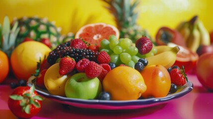 Poster - A colorful arrangement of fresh fruit on a bright pink table