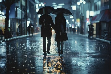 Poster - Two individuals navigating through a rainy day while carrying umbrellas for protection