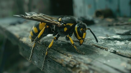 Poster - Close-up view of a bee sitting on a piece of wood