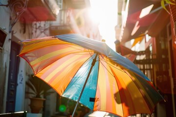 Poster - Colorful umbrella sitting on the side of a street