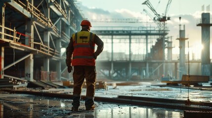 Poster - A construction worker stands in front of an unfinished building, surrounded by scaffolding and heavy machinery