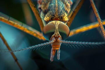 Sticker - A close-up view of a mosquito's head with its compound eyes and mouthparts visible