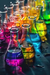 Poster - A collection of vibrant flasks containing various liquids, ideal for use in illustrations about chemistry, science experiments, or product displays