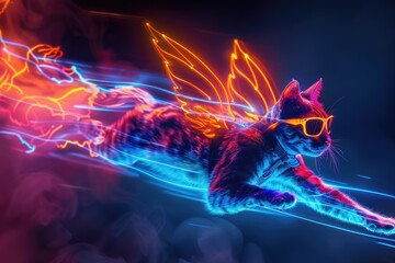Poster - A curious cat soars through the air surrounded by vibrant neon lights, ideal for use in futuristic or sci-fi themed designs