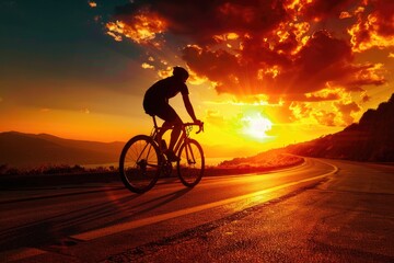 Wall Mural - A person rides a bike on a road during sunset, one informative phrase about what pictured on image and a one phrase with a short advice of where may be used this picture