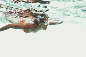 Poster - A person wearing a bikini swims underwater, suitable for use as an illustration or background