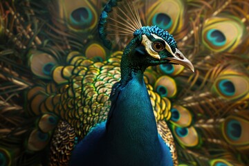 Poster - A close-up view of a peacock's head and feathers, showcasing vibrant colors and intricate details