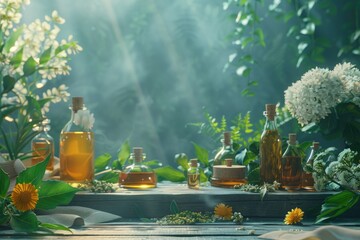 Poster - A rustic wooden table decorated with bottles and fresh flowers, perfect for a vintage-inspired setting or as a prop for still-life photography