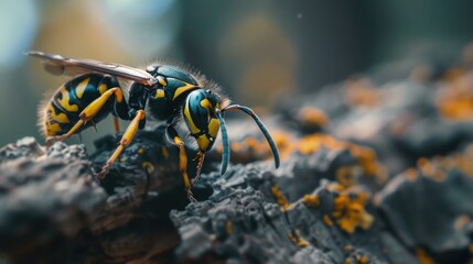 Canvas Print - A close-up shot of a wasp resting on a piece of wood, with intricate details visible