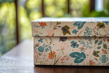 Aufkleber - A close-up view of a box on a table with no other objects in the background