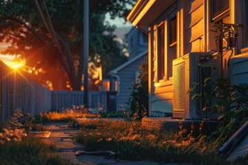 Poster - A photo of a house with the sun setting in the background