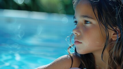 Poster - A young girl wearing a bathing suit is seen playing in a swimming pool, suitable for use in images related to childhood, leisure activities, or summer fun