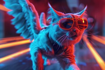 Aufkleber - A domestic cat is depicted wearing sunglasses and a pair of wings, suggesting a playful and imaginative scene