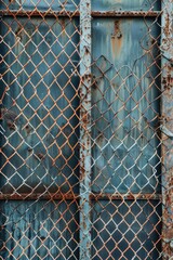 Poster - A close-up of a rusty metal door with a chain link fence, ideal for use in scenes depicting urban decay or post-apocalyptic settings