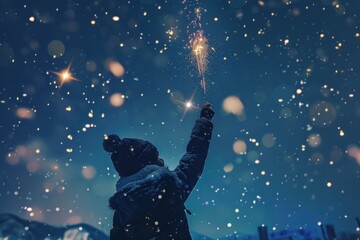 Poster - A person holds a sparkler up in the air on a dark background