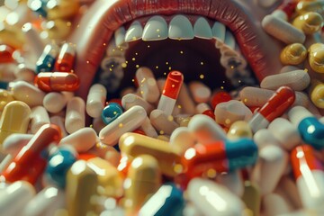Wall Mural - A close-up shot of a person's mouth filled with medication or pills