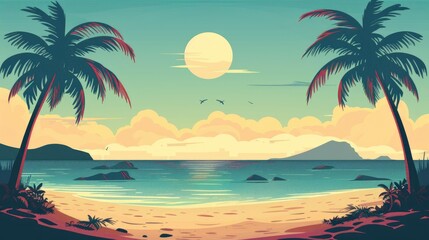 flat cartoonist illustration of island, palms, sand (beach), ocean, soft light