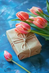 Poster - A bouquet of pink tulips tied to a brown box, perfect for a gift or decoration
