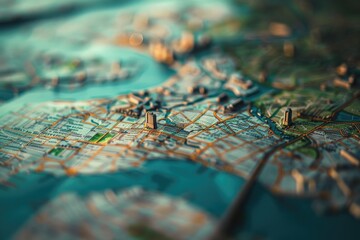 Fototapete - A close-up view of a map featuring several pins marking various locations