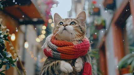 Wall Mural - A domestic cat wearing a scarf and gazing upwards