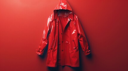 Poster - A red raincoat hangs on a bright red wall, providing a pop of color