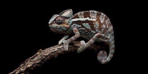 Poster - A chameleon sitting on a branch with vibrant green skin, displaying its prehensile tail and eyes looking forward