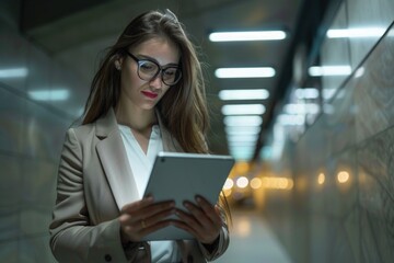 Aufkleber - A woman sitting and using a tablet computer, good for articles about technology or office scenes