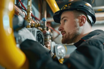 Poster - A man in a hard hat is working on a machine