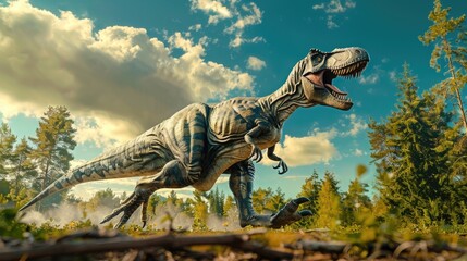 Poster - A prehistoric dinosaur stands still in a lush green grass, its mouth open