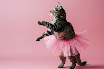 Wall Mural - A curious cat wears a bright pink tutu and stands on its hind legs, showcasing its playful nature