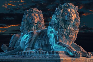 Poster - A pair of lions perched on top of a statue, looking regal and majestic