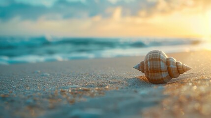 Poster - A single seashell sits on a sandy beach at the moment of sunset, with the warm light of the setting sun casting a golden glow