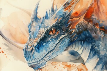 Poster - Watercolor painting of a majestic blue dragon