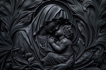 Canvas Print - A tender moment between a mother and her young child in a black and white photograph