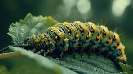 Aufkleber - A close-up view of a caterpillar sitting on a leaf, with intricate details of its body and the surrounding vegetation