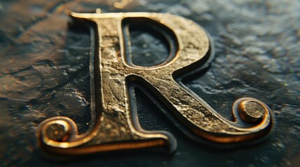 Poster - A detailed view of the letter R on a metal surface, suitable for use in typography or design contexts