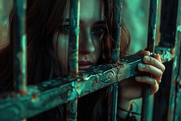 Poster - A person trying to get a glimpse of something or someone behind a barred metal fence