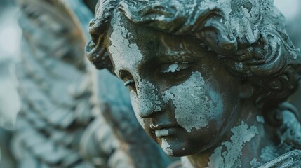 Poster - Close-up view of a statue of an angel with intricate details and facial expression