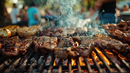 Wall Mural - The meat is cooked on a grill