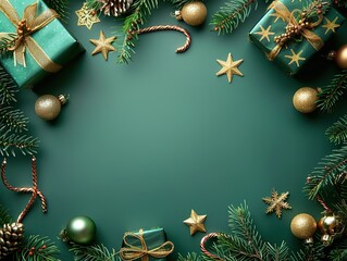 Poster - A green background with a Christmas tree and a bunch of Christmas decorations