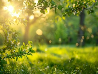 Wall Mural - A bright sunny day in a lush green field with a tree in the background