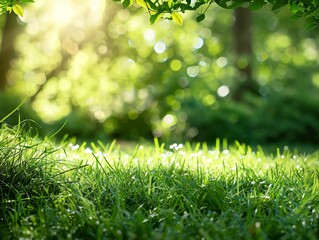 Wall Mural - A lush green field with a bright sun shining through the trees