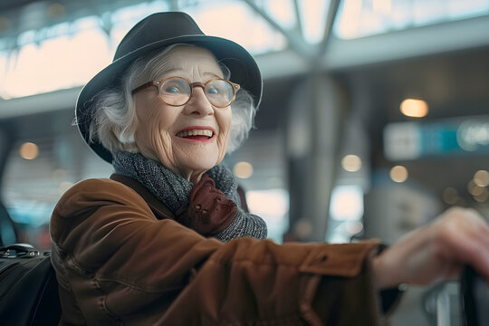 Image of very happy old woman at airport terminal Generative AI