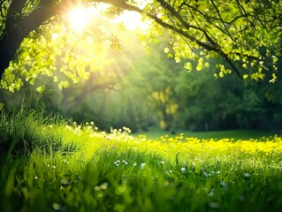 Wall Mural - A bright sunny day in a lush green field with a tree in the background